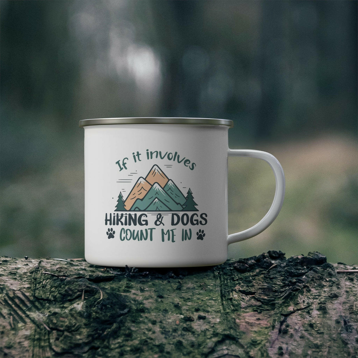 Hiking & Dogs Enamel Camping Mug.